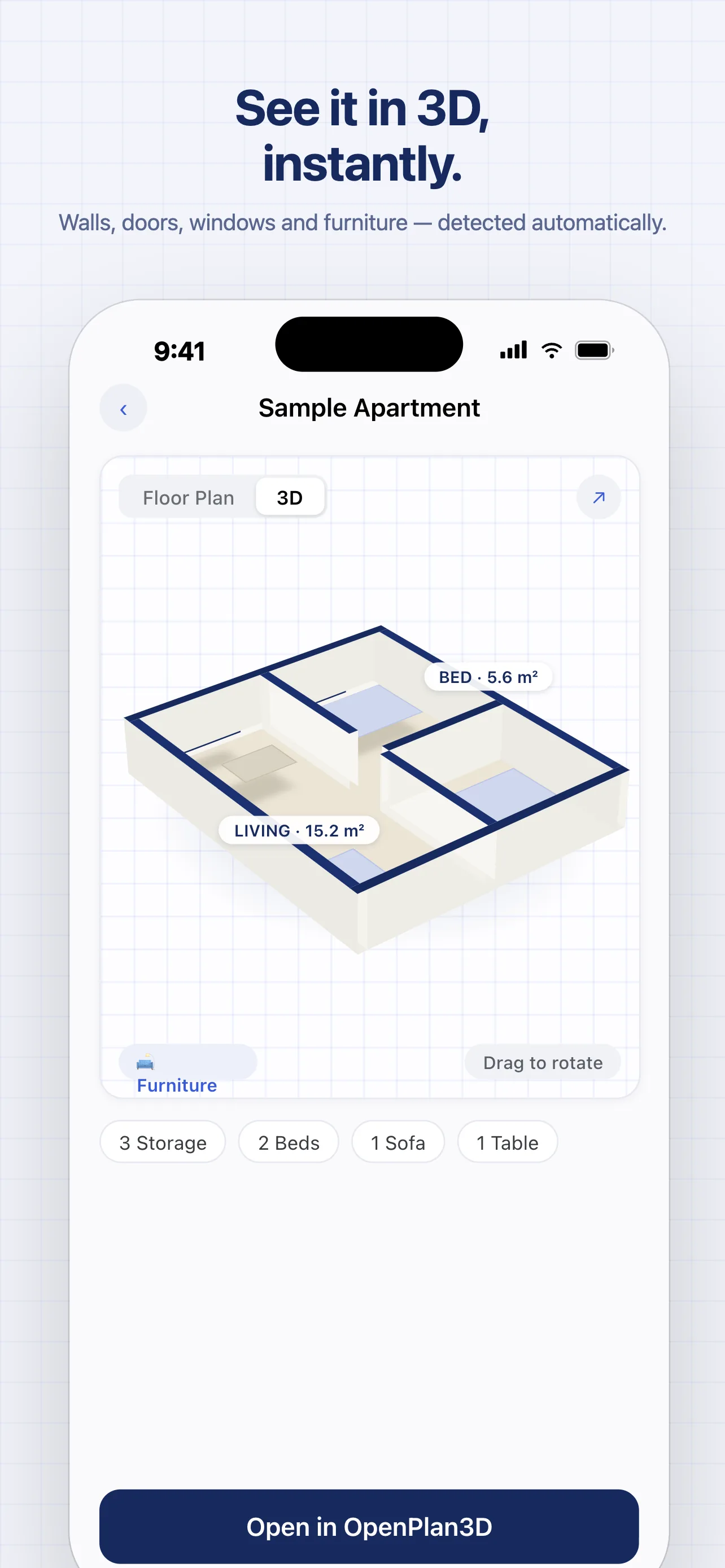 OpenPlan3D Capture 3D view of a scanned apartment with rooms, walls, and furniture