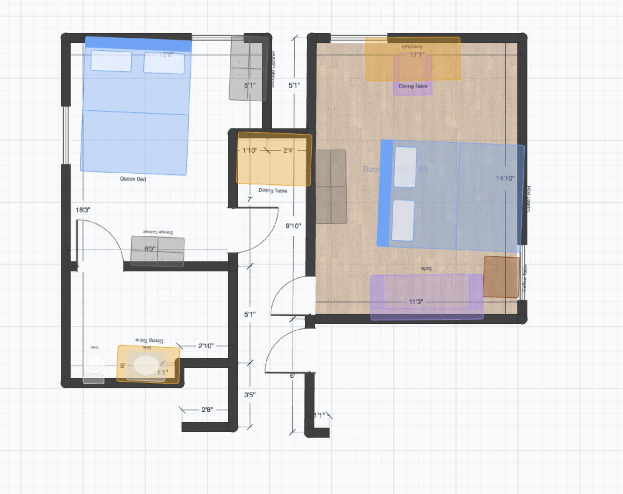 OpenPlan3D 2D floor plan editor showing wall drawing with live dimensions, doors, windows, and furniture on a blueprint grid