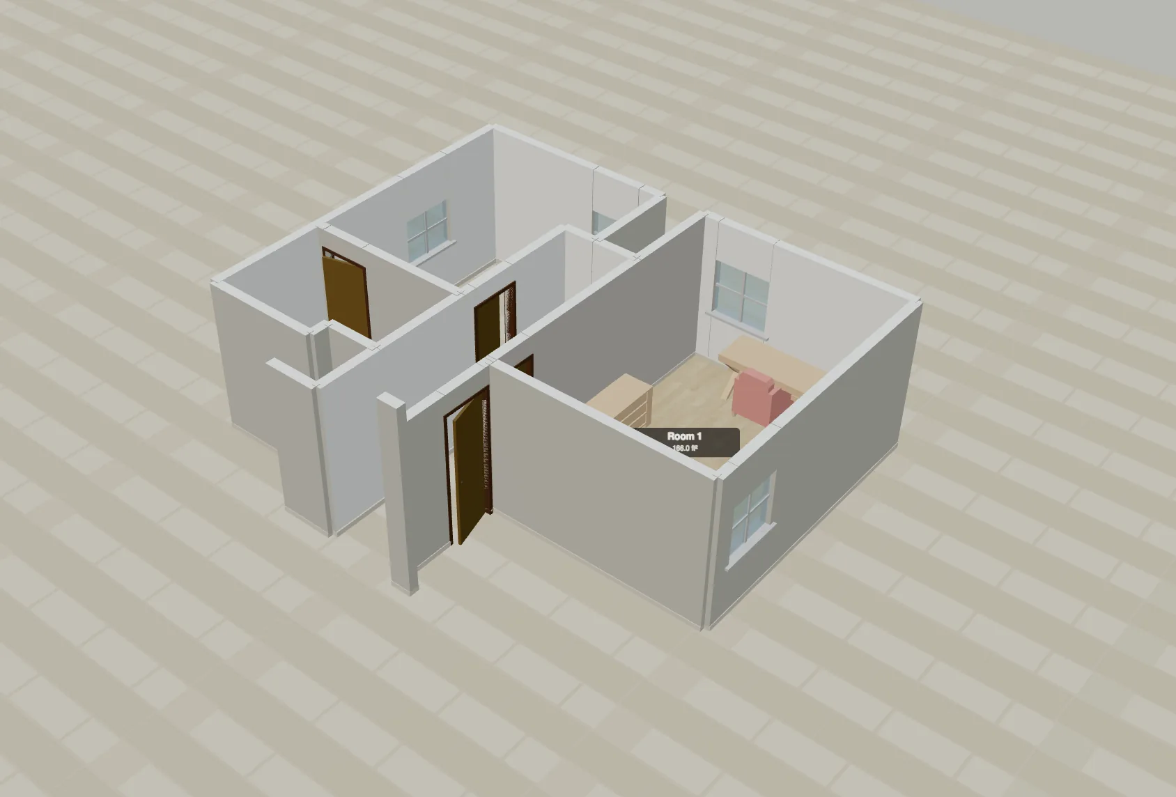 OpenPlan3D 3D visualization showing the same floor plan rendered with realistic textures, furniture, and lighting