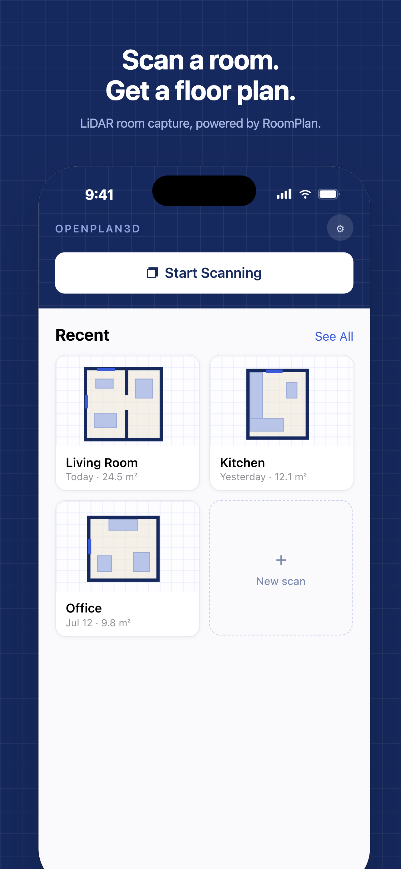OpenPlan3D Capture app home screen showing a Start Scanning button and recent room scans as floor plan thumbnails