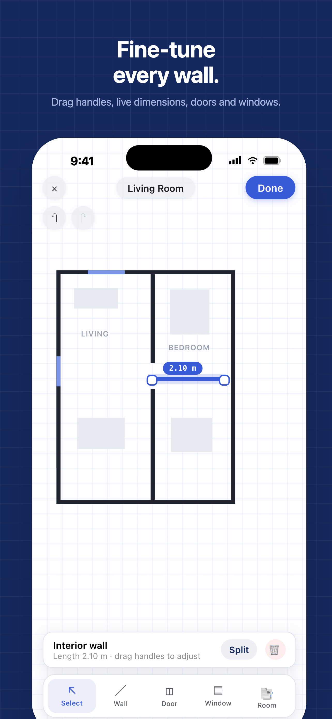 Editing a floor plan in OpenPlan3D Capture — dragging a wall handle with a live 2.10 m dimension label