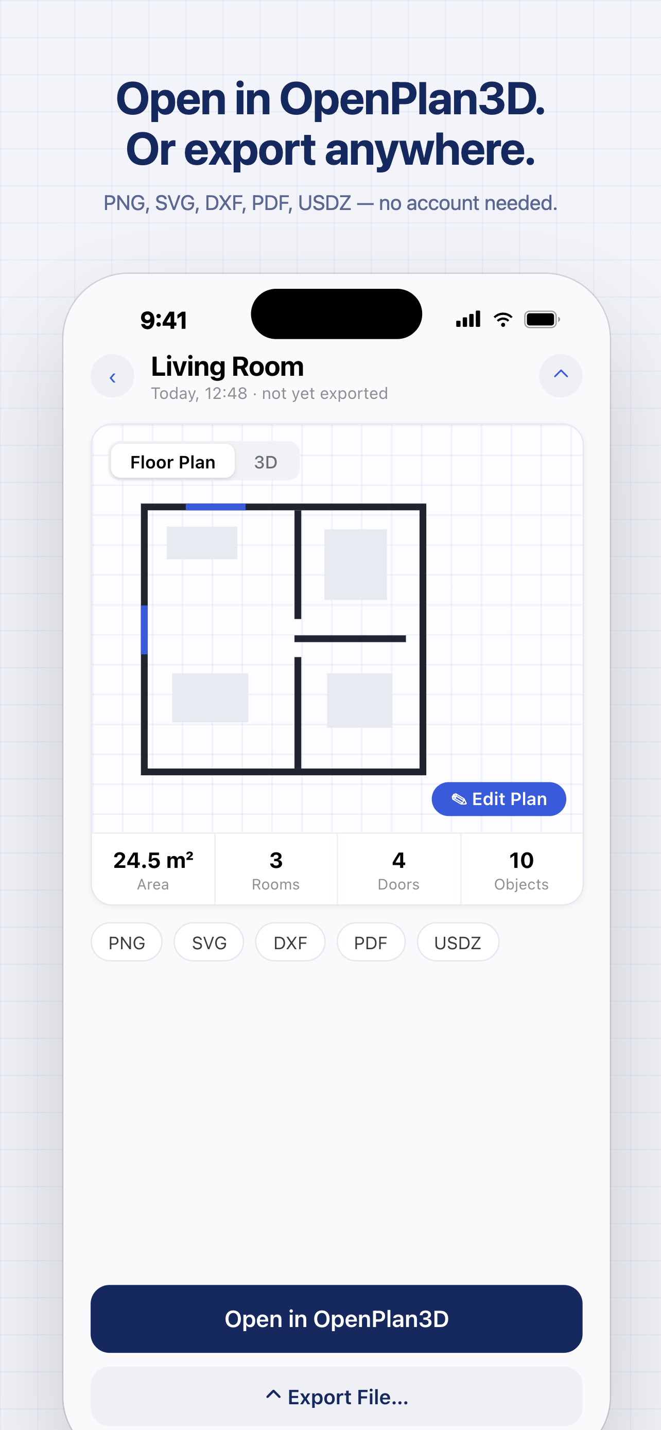 OpenPlan3D Capture export screen offering PNG, SVG, DXF, PDF, and USDZ, plus Open in OpenPlan3D