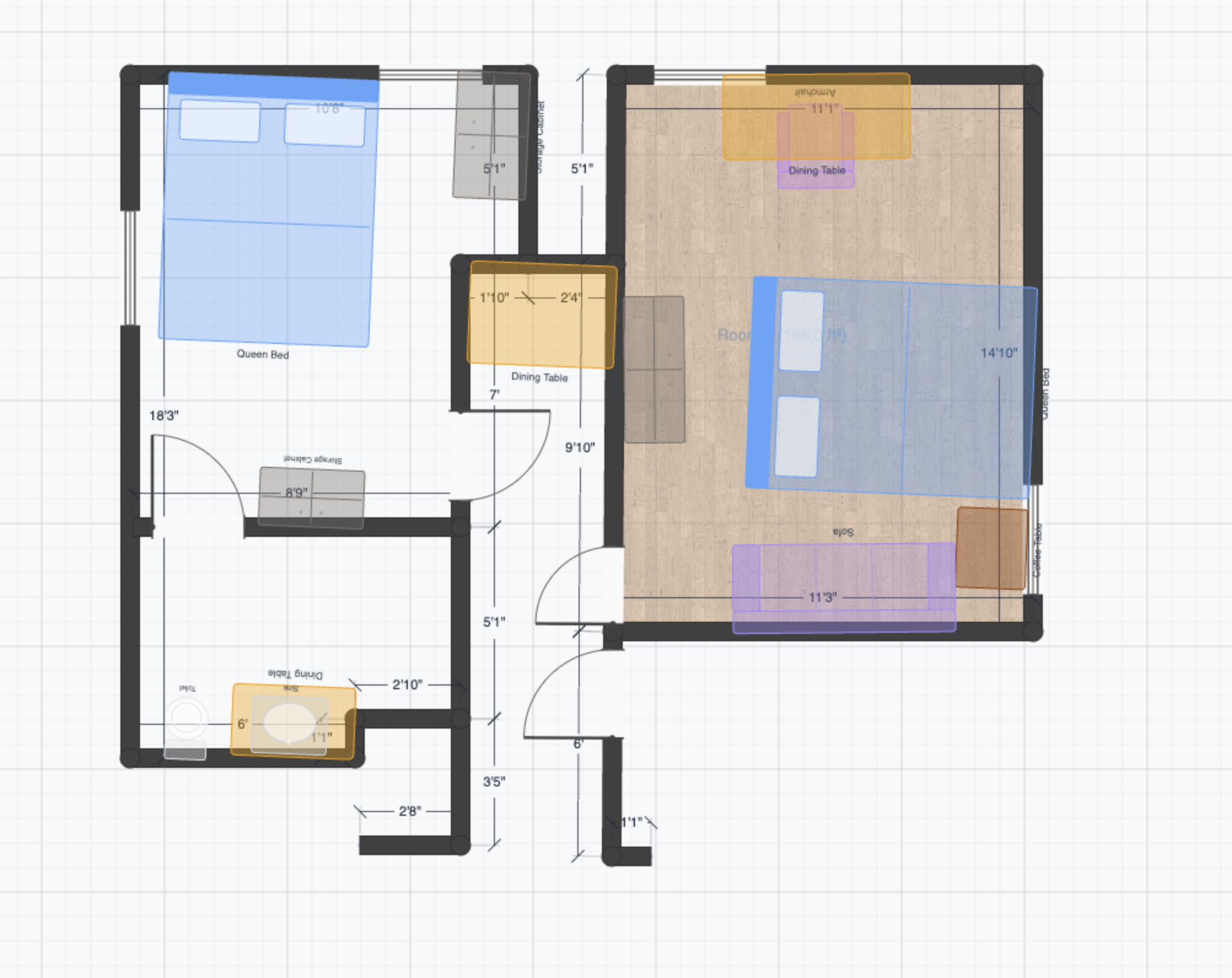 OpenPlan3D 2D floor plan view showing room layout with furniture placement and imperial dimensions