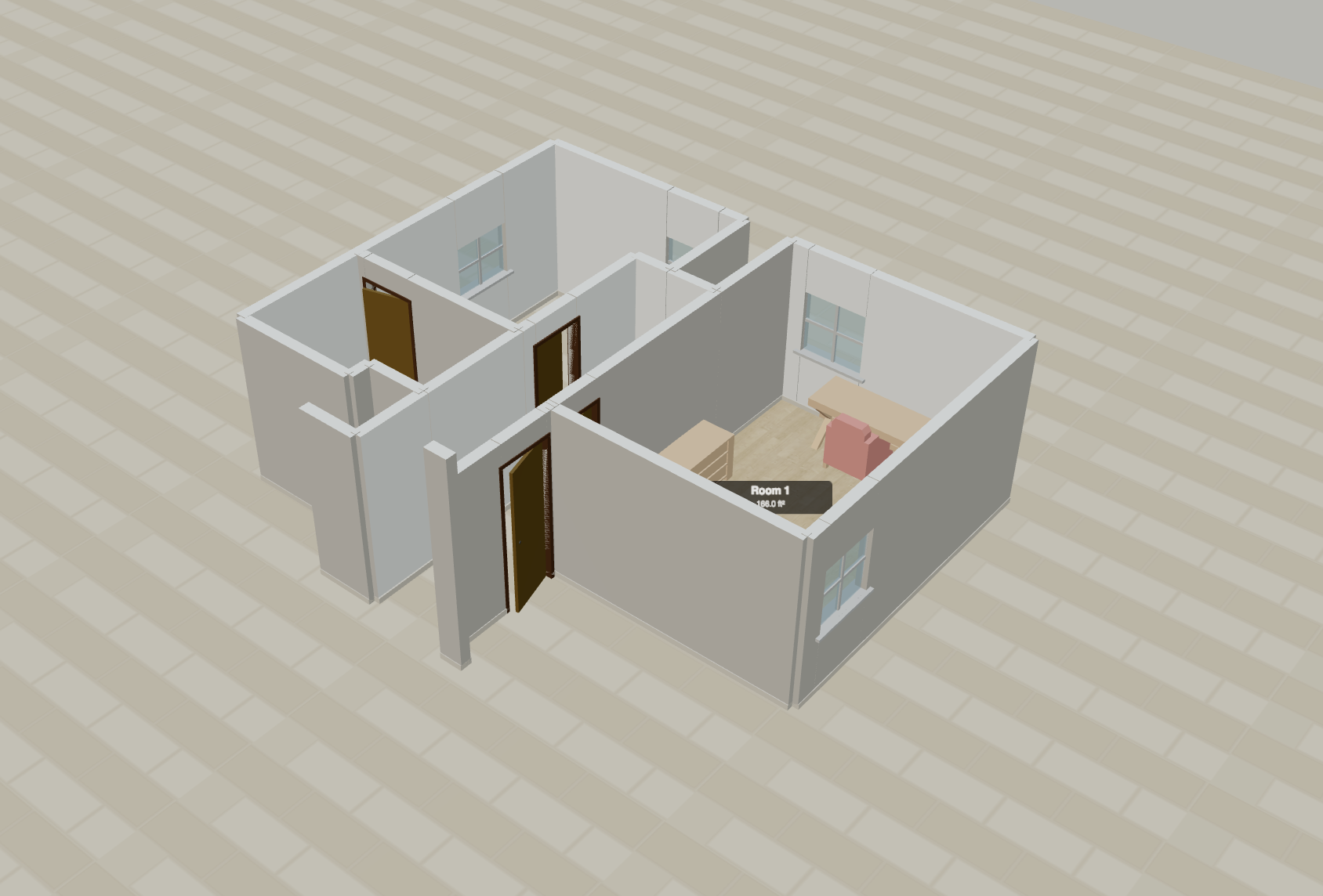 OpenPlan3D 3D rendered view of a furnished floor plan with realistic textures and lighting